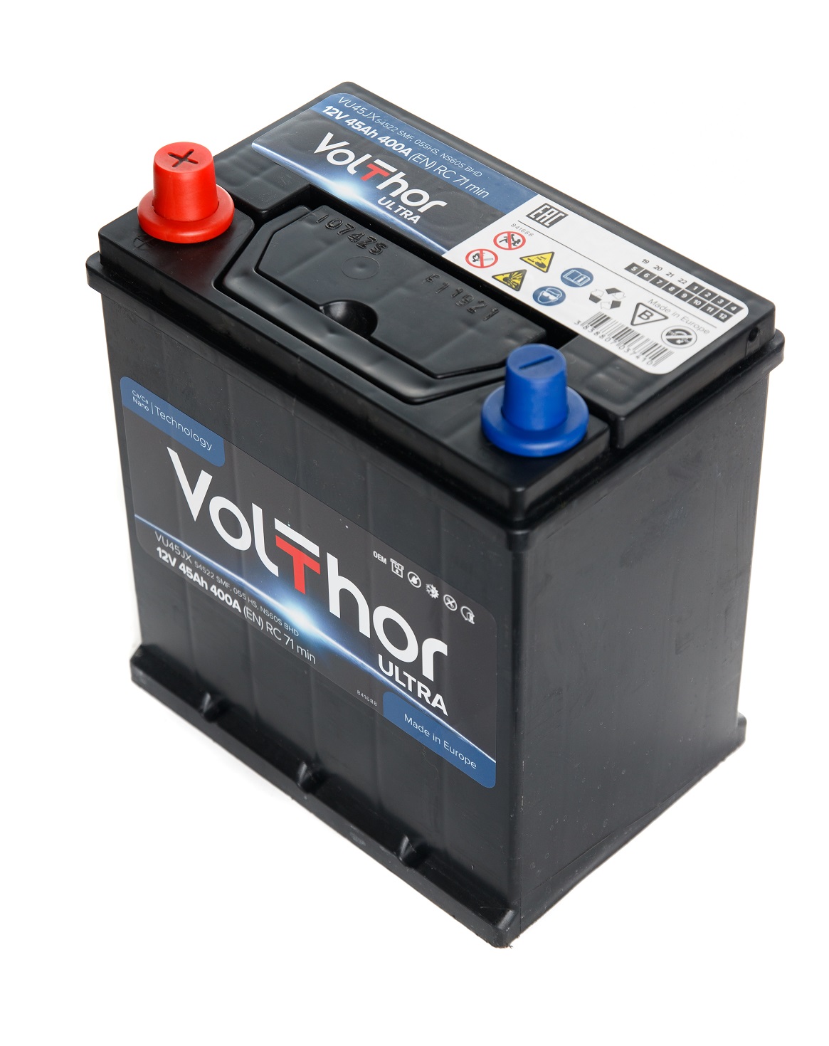 Акумулятор легковий VOLTHOR 6СТ-45(0) JIS (360А) ULTRA 12B, 45Ah, 360A, плюс праворуч (R+) кальцієвий (Ca/Ca) 196X131X205(225) мм